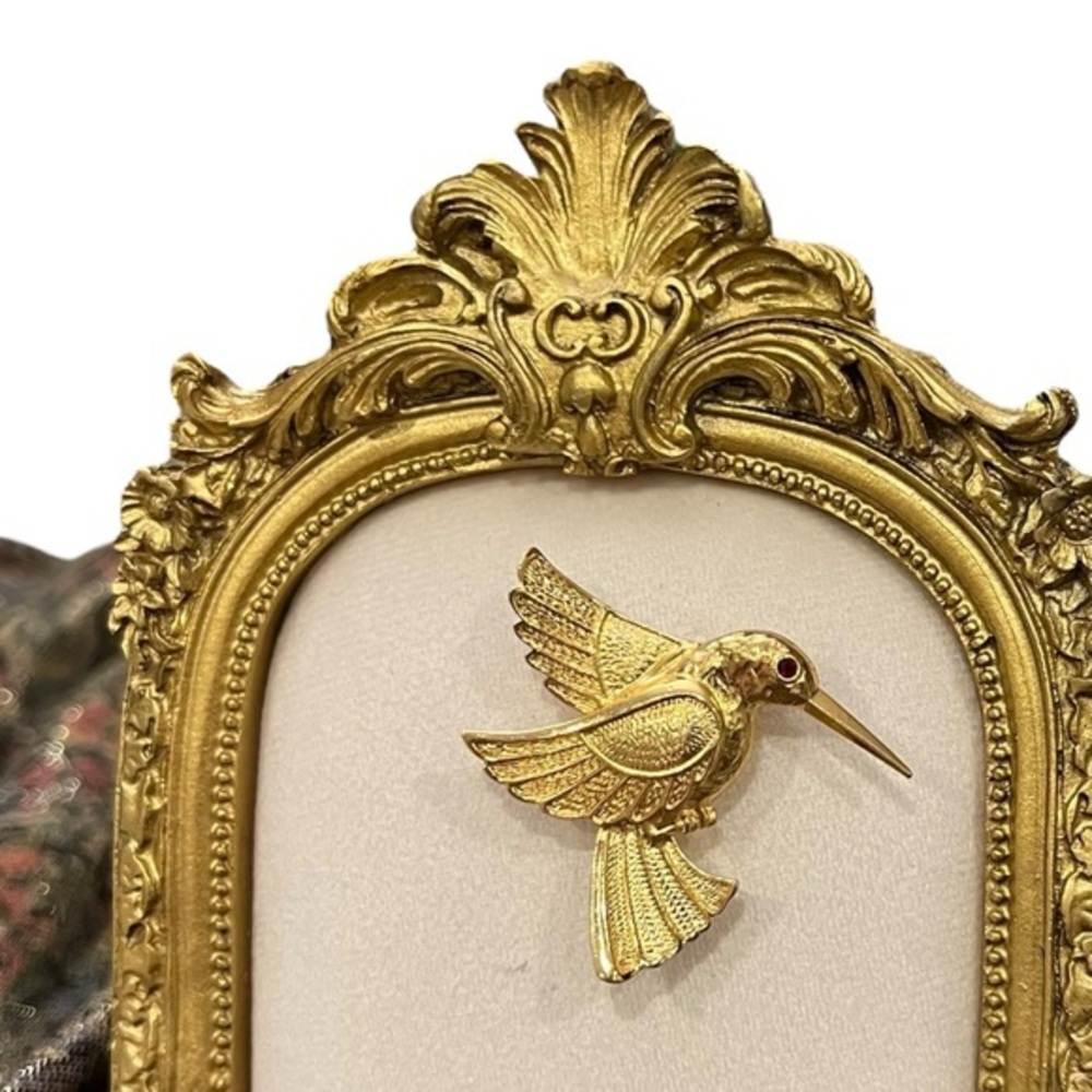 Gold‎ Tone Hummingbird Brooch | Pin With Red Stone Eye Gardeners Cottagecore